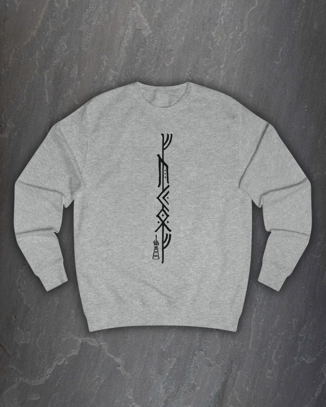 Front of a heather grey F*ck Off Bindrune sweatshirt with a tall black vertical bind rune print on a dark slate background
