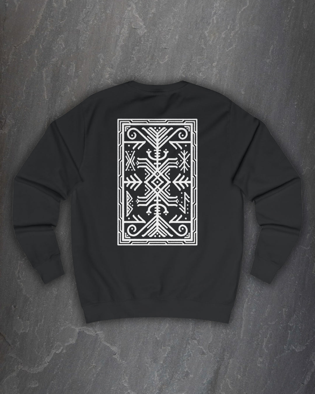 Back of a black Lifthrasir sweatshirt with a large white rectangular bind rune panel print on a dark slate background