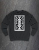 Back of a black Lifthrasir sweatshirt with a large white rectangular bind rune panel print on a dark slate background