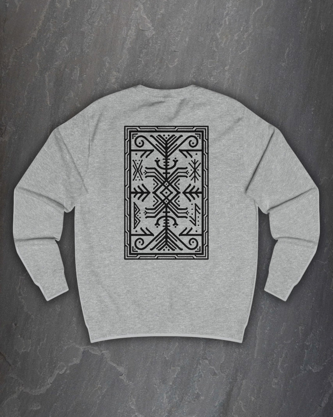 Back of a heather grey Lifthrasir sweatshirt with a large black rectangular bind rune panel print on a dark slate background