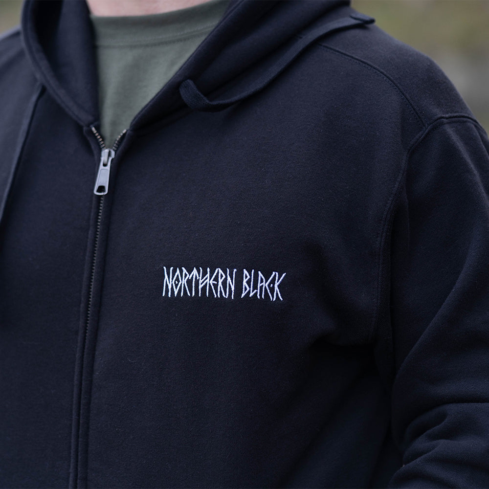 black zip up hoodie with northern black logo embroider on it 