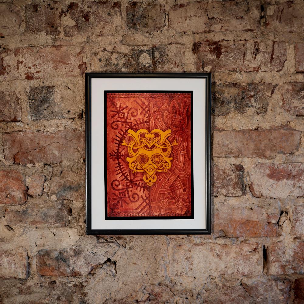 red and yellow painting of a godmask with runes and nordic designs in the background