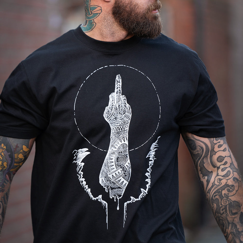 black shirt with a hand of tyr as the illustration, the middle finger is distinctive