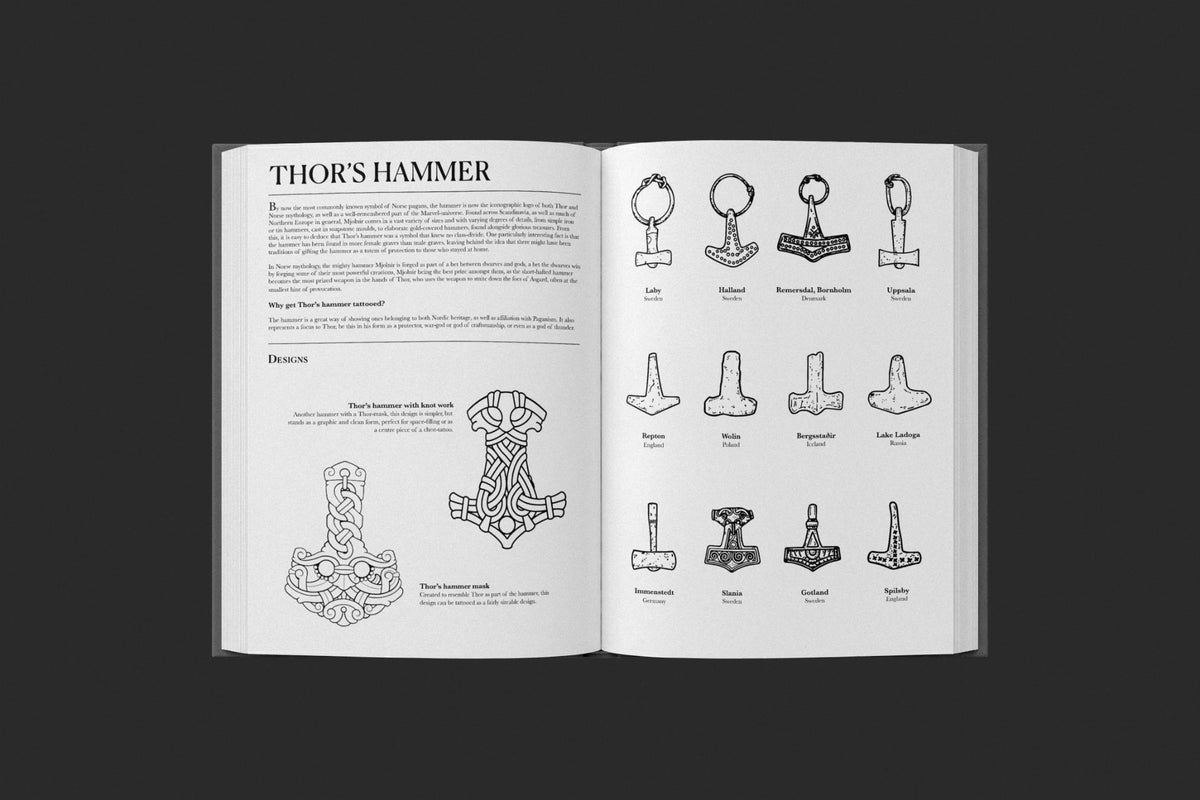 Open book showing the Thor's Hammer chapter: history, designs and twelve historical hammer pendants