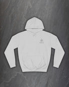 Front of a heather grey Yggdrasil hoodie with a small Northern Black logo on the chest on a dark slate background